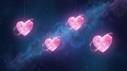 Cosmic hearts glowing amidst a starry nebula of vibrant colors and cosmic dust. illustration