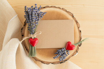 Blank Card with Lavender and Hearts in Rustic Wooden Tray with Soft Natural Lighting for Wedding Invitation
