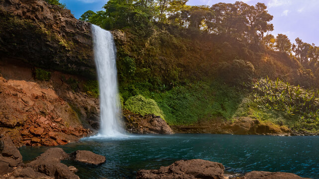 Beautiful E-TU waterfall. Laos landscape. Panorama