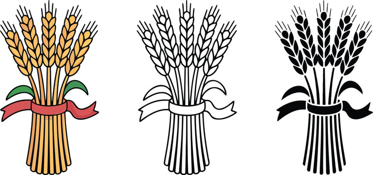 Wheat sheaf silhouette & Outline and illustration set isolated on transparent background