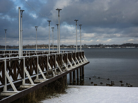 Pier on Lake Pogoria III in Dabrowa Gornicza, Poland during winter