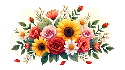 Vibrant bouquet of colorful flowers arranged in a cheerful floral design illustration