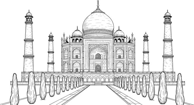 Taj Mahal architectural line art illustration with detailed symmetrical Mughal monument engraving style