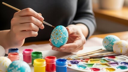 Naklejka premium Person decorating an easter egg with paint and colorful dyes