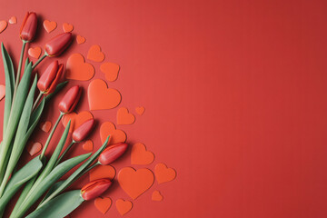 Red Tulips with Heart Shapes in Romantic Valentines Day Arrangement on Red Background for Greeting Card