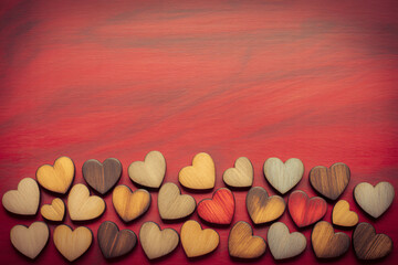 Wooden hearts in various colors and textures on red wooden background in warm cozy lighting for valentines day