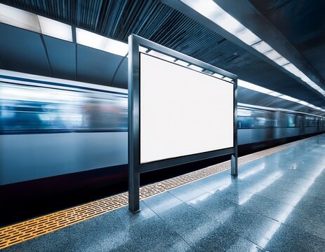 blank poster frame mockup in subway station blurred train passing