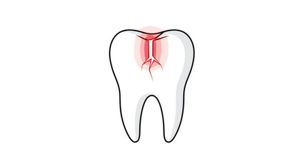 Obraz premium A simple outline illustration of a human tooth with a red area indicating pain from a crack on the surface.