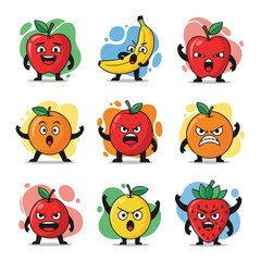 Fototapeta premium Cartoon fruits with emotions and colorful backgrounds