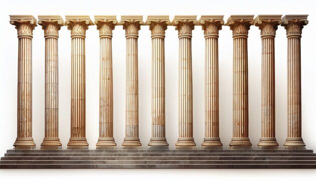 ancient greek ionic columns lineup isolated on white background