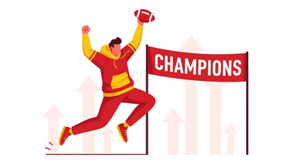 Obraz premium Victorious Athlete Celebrating With Football Under Champions Banner