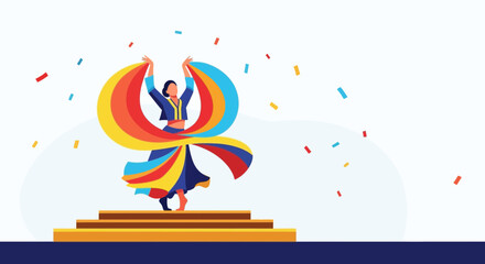 Obraz premium Vibrant Dancer Celebrates With Rainbow Scarf And Confetti
