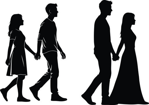 Silhouette of two couples walking hand in hand in love