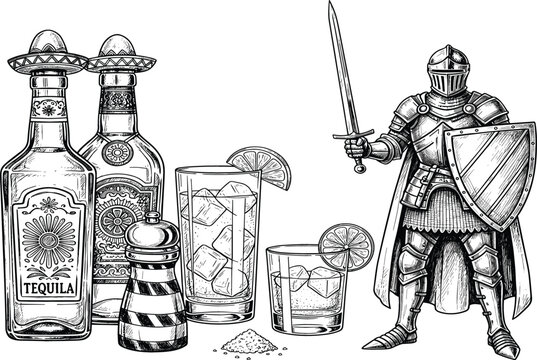 Vintage tequila illustration with bottles, salt and lime glasses paired with medieval knight warrior holding sword and shield in detailed black and white engraving style