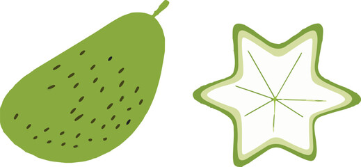 Fresh Carambola Duo Highlights the combination of the whole fruit and its iconic star-shaped slice