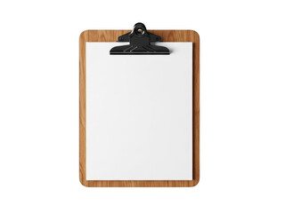 Blank clipboard attached to a wooden holder ready for notes and reminders