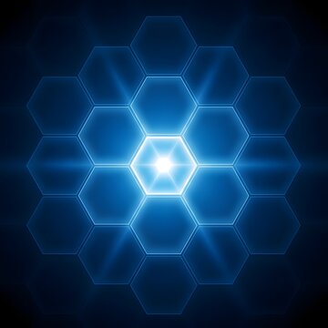 Glowing blue hexagonal energy pattern with central light source and radial glow