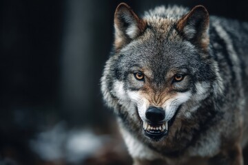 Fototapeta premium Snarling predator wolf close-up portrait