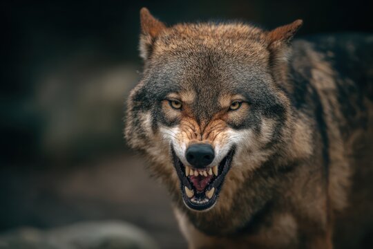 Angry wolf baring teeth in attack