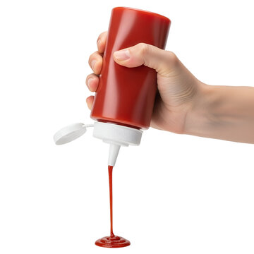 Hand squeezing red ketchup bottle with ketchup pouring out isolated on transparent background