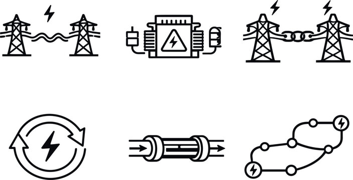 Line style icons of ambient-energy applications: lossless power line, compact transformer block, high-efficiency grid link,