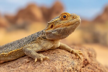 Fototapeta premium Bearded dragon lizard sitting on sandstone habitat
