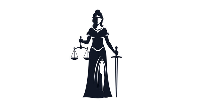 Black silhouette of Lady Justice standing blindfolded holding a sword and a set of balanced scales.