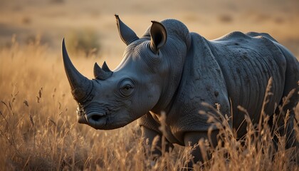 Obraz premium Rhino in savannah grassland with warm sunlight
