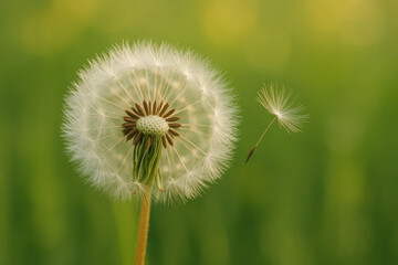 Fototapeta premium Macro view of a dandelion seed head, with a seed in flight against a blurred green background, feathery plumes and subtle texture with muted greens and shallow depth of field, intimate composition