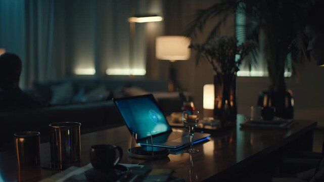 Late Night Work from Home Dimly Lit Home Office with Laptop and Coffee