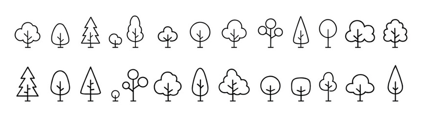 Tree icon set, simple line outline forest and nature symbols collection, minimalist woodland plants and park pictograms, clean linear vector illustration on transparent background