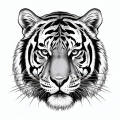 Obraz premium A stunning black and white illustration of a tiger's face showcasing its striking features and intense gaze.