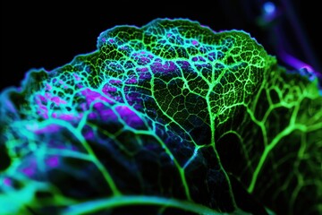 High-intensity chlorophyll fluorescence in lettuce leaf with electric blue and emerald tones, macro photography in laboratory spectrometer showing vein structure and droplets