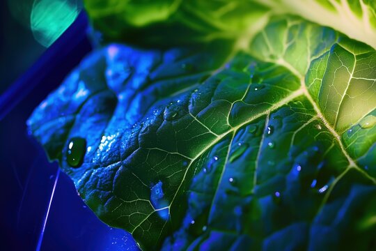 Commercial macro photography of a lettuce leaf with chlorophyll fluorescence under blue neon light in a laboratory, featuring detailed vein structure and transpiration droplets 