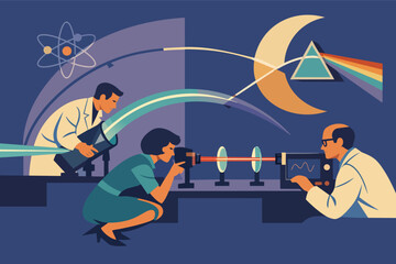 Scientists conducting physics experiment with laser and light prism in laboratory