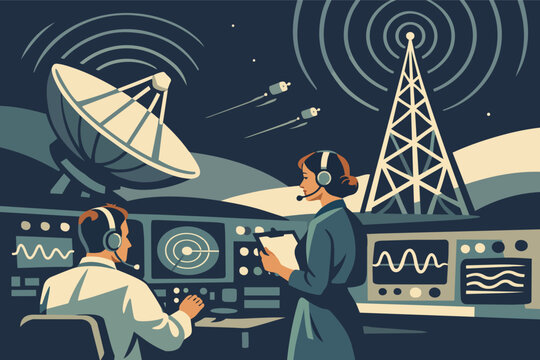Space communications control room monitoring radio waves and satellite signals