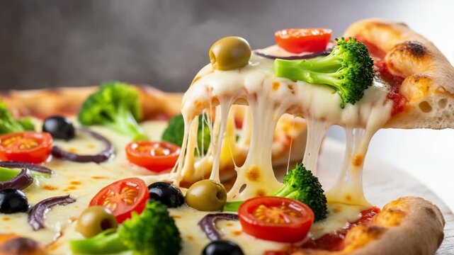 Delicious gourmet pizza topped with fresh vegetables and melted cheese being lifted motion animated video.