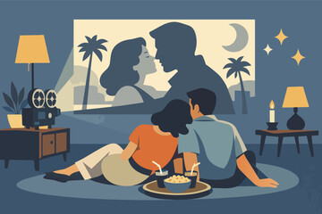 Fototapeta premium Couple sharing a romantic movie night at home projecting a vintage film