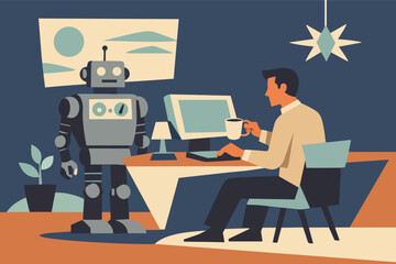 Fototapeta premium Robot assistant working with person in a retro-futuristic office setting