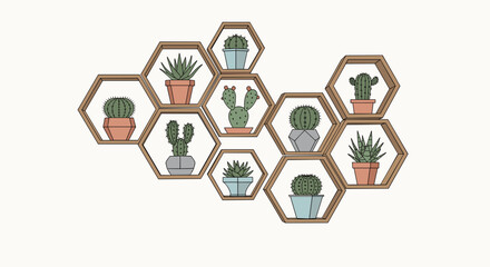 A decorative display of various potted cacti and succulents is arranged on irregularly positioned hexagonal wooden shelves.
