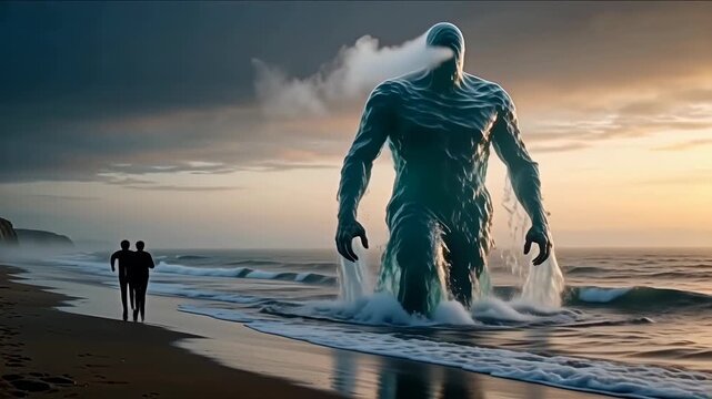 A faceless water golem made entirely of waves and fog slowly moves along the ocean coast