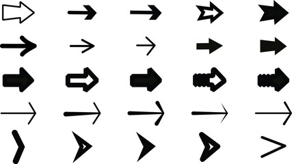 A professional collection of black 3d arrow icons and vector symbols featuring directional signs like up, down, and next buttons for web design and internet interface navigation elements