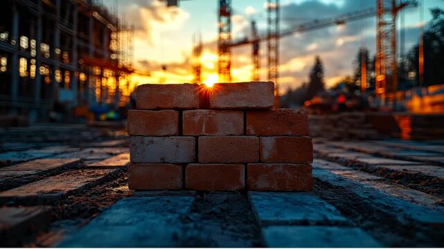 Stack of orange bricks on construction site at sunset. Close-up of clay bricks stacked on ground, blurred construction cranes and scaffolding in golden hour sunlight background.