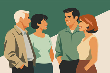 Multi-generation family group socializing, smiling, enjoying conversation together