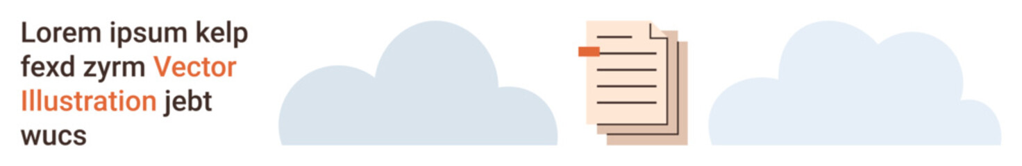 Business Networking. Data storage, online sharing, cloud technology, productivity tools, backups, document management. File document icon positioned between cloud shapes. Data storage online sharing