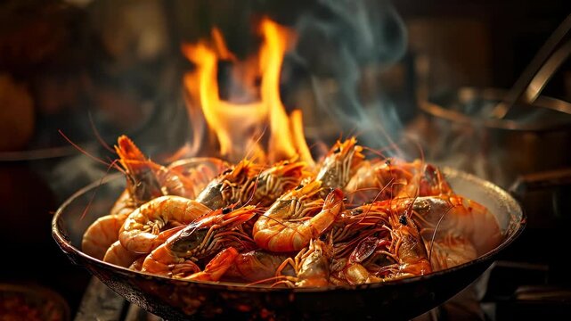 Large prawns cooking in a wok with open flames. Group of whole tiger shrimps being stir-fried in a black metal pan with intense orange fire and smoke.