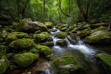 Obraz premium Serene cascading waterfall in lush green forest