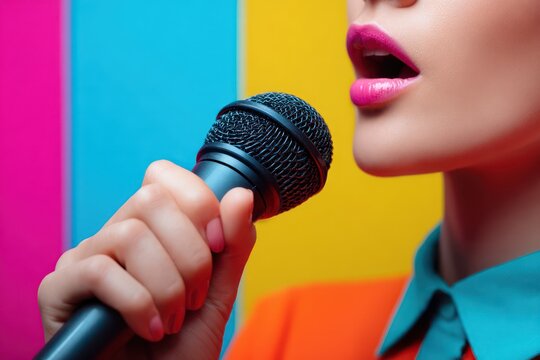 Young woman singing with microphone colorful backdrop