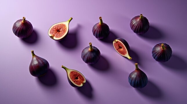 Higos morados dispuestos sobre una superficie violeta texturizada, disposici&oacute;n plana minimalista