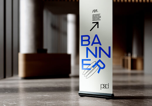 Vertical Roll Up Banner Stand Mockup in Interior Hallway